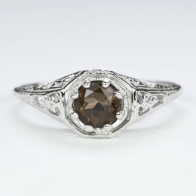 SMOKY QUARTZ STERLING SILVER RING VINTAGE STYLE GEMSTONE FILIGREE SOLITAIRE