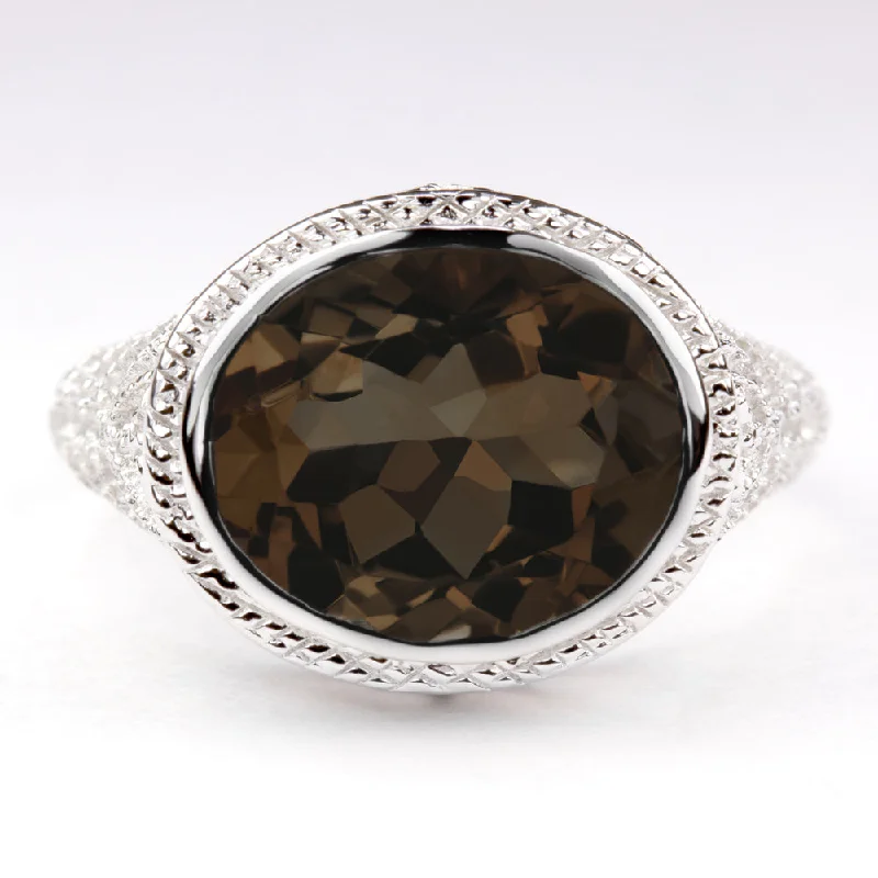 SMOKY QUARTZ STERLING SILVER RING VINTAGE STYLE EAST WEST OVAL FILIGREE NATURAL