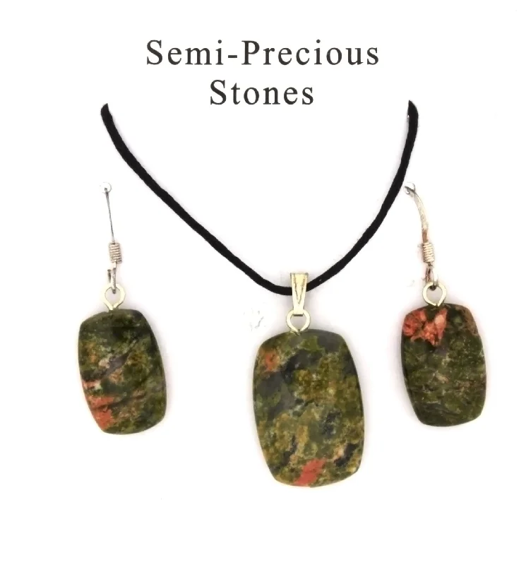 SET CORDED GEMSTONE UNAKITE RECTANGLE EARRING & NECKLACE