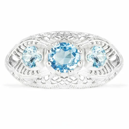 SWISS BLUE TOPAZ STERLING SILVER VINTAGE STYLE RING 3 STONE ART DECO FILIGREE