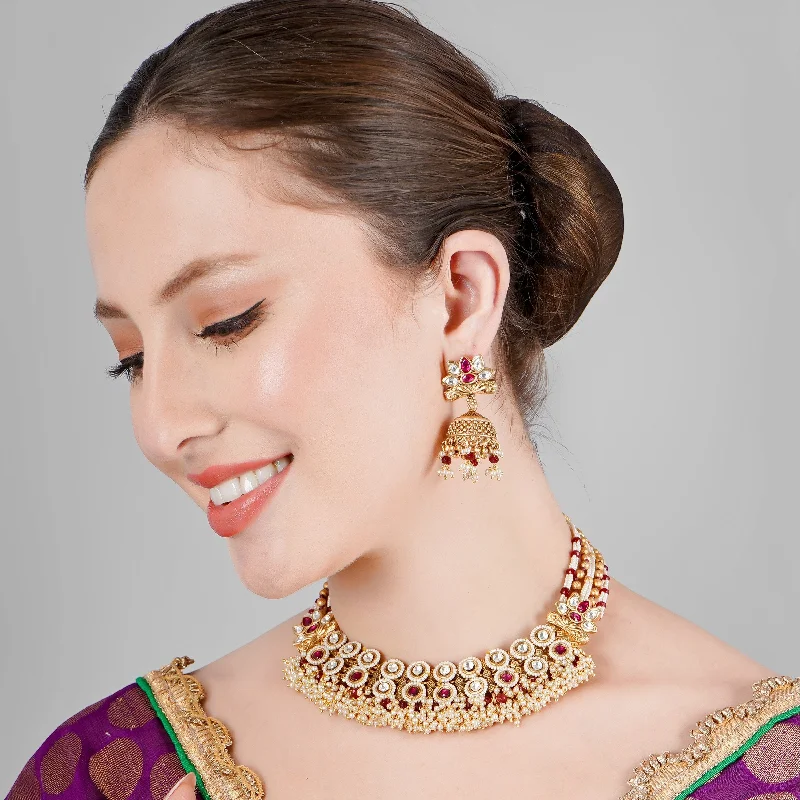 RUBY KUNDAN POLKI & PEARL SEMI PRECIOUS NECKLACE SET