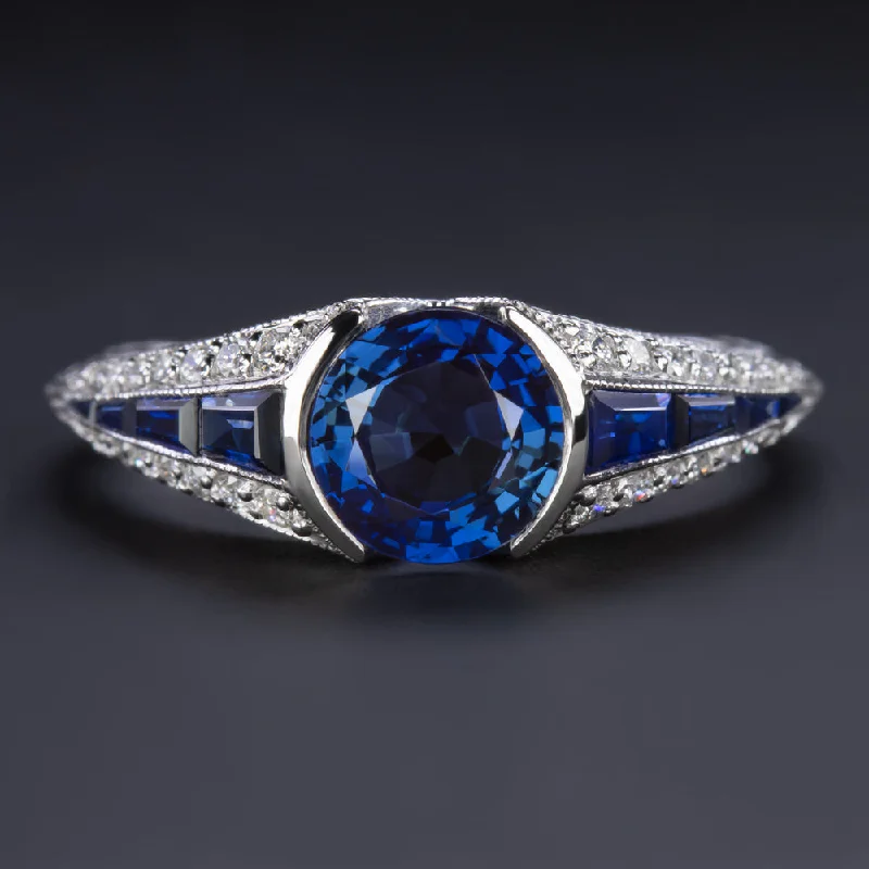 1.25ct SAPPHIRE DIAMOND VINTAGE STYLE COCKTAIL RING ART DECO 14k WHITE GOLD BLUE