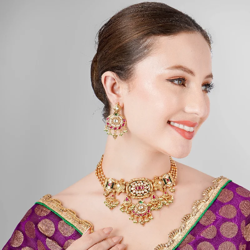 ETHNIC GOLD PLATED KUNDAN POLKI NECKLACE SET