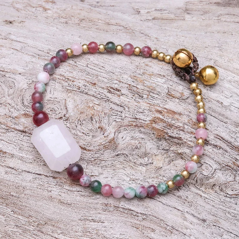 Magical Day Rose Quartz and Agate Beaded Pendant Bracelet from Thailand