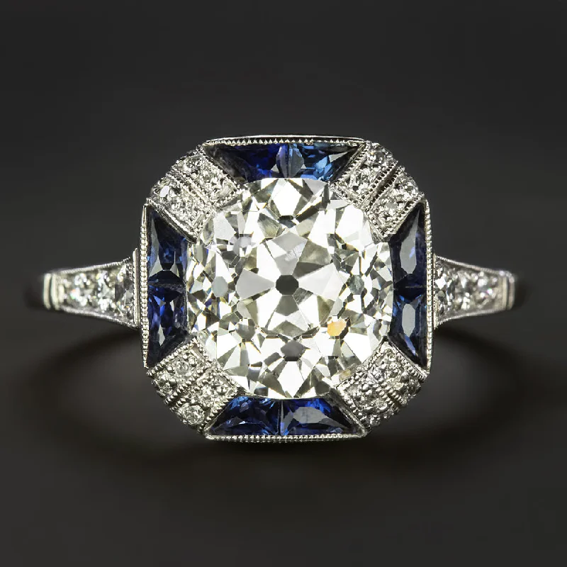 2.5ct OLD MINE CUT DIAMOND SAPPHIRE RING ART DECO VINTAGE STYLE PLATINUM HALO