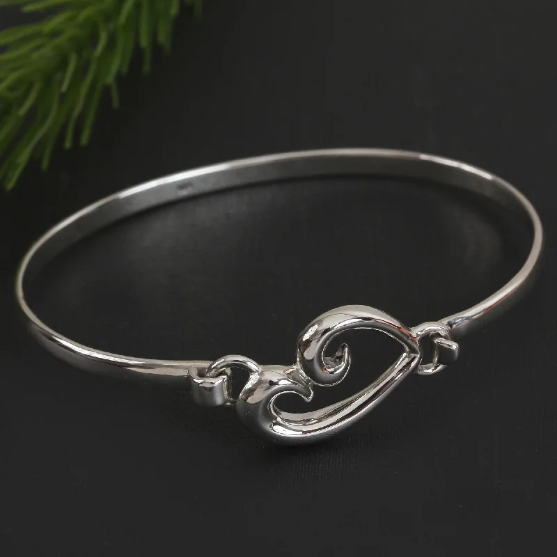 Heart Curl Taxco Sterling Silver Heart Bangle Bracelet from Mexico