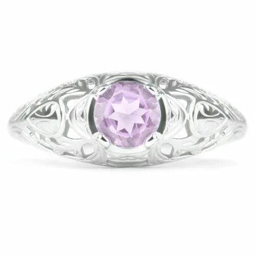 PINK AMETHYST STERLING SILVER VINTAGE STYLE SOLITAIRE RING FLORAL PROMISE PURPLE