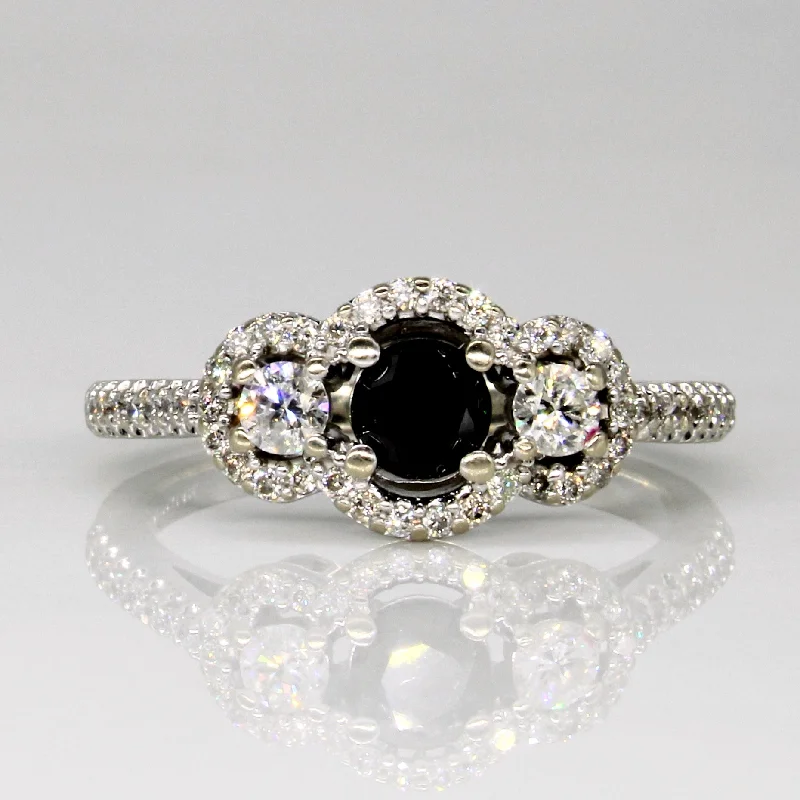 Halo Three Stone Style Black Diamond Engagement Ring | 0.34ct, 0.41ctw | SZ 6.25 |