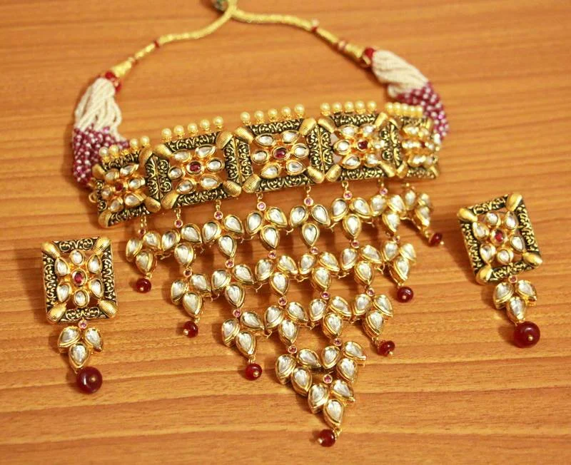 Ruby Antique Kundan Polki Wedding Choker Necklace Set