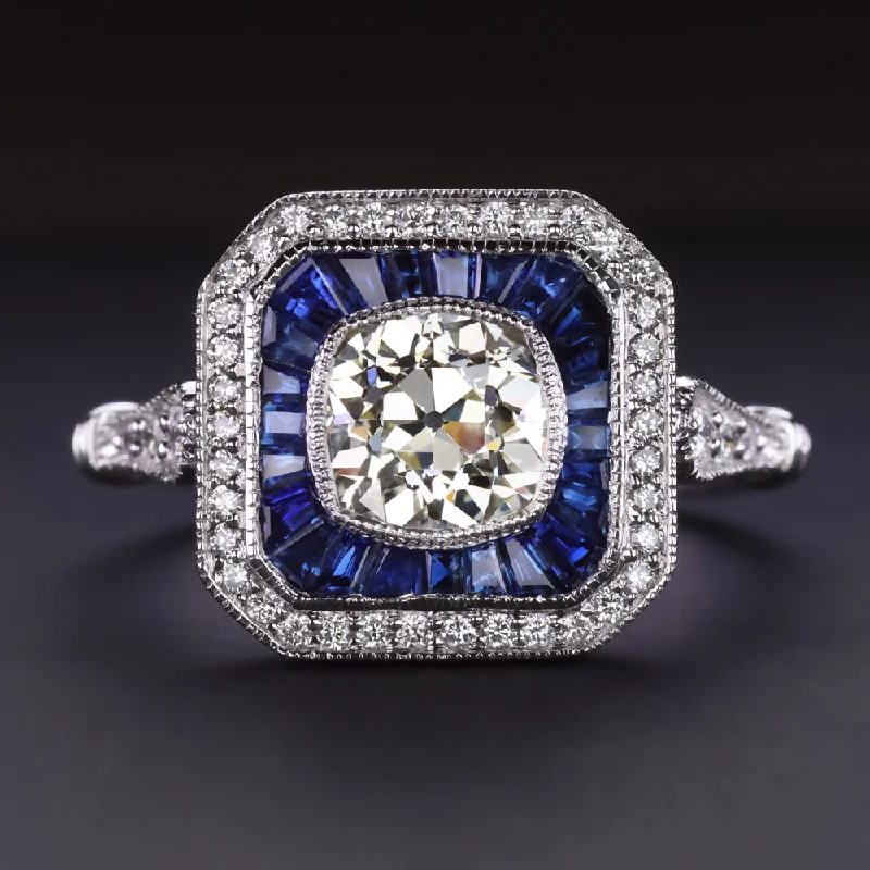 OLD MINE CUT DIAMOND SAPPHIRE COCKTAIL RING DOUBLE HALO VINTAGE STYLE WHITE GOLD