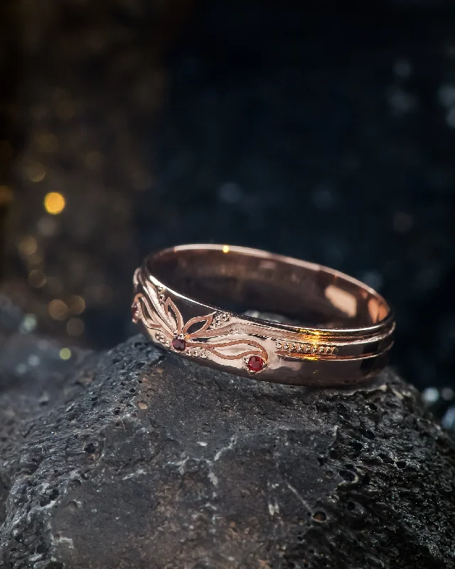 Unique nature-inspired wedding band with garnets, matching wedding ring / Lida