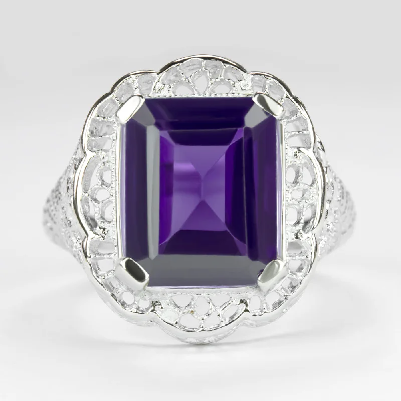 AMETHYST STERLING SILVER RING VINTAGE STYLE FILIGREE ART DECO EMERALD CUT PURPLE