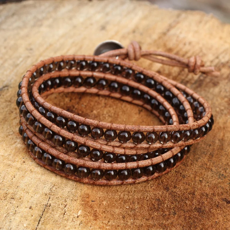 Joyful Life Smoky Quartz and Leather Wrap Bracelet Thai Jewelry