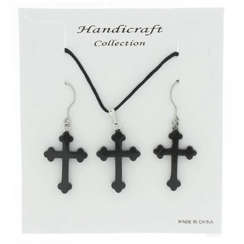 SET CORDED GEMSTONE BLACK STONE CROSS EARRING & NECKLACE