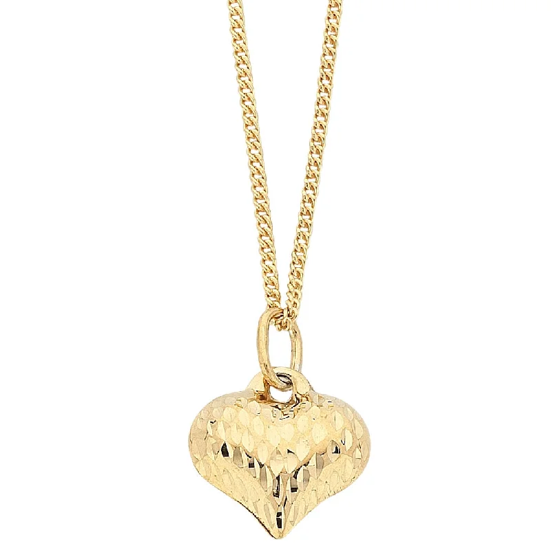 9ct Yellow Gold Silver Infused Diamond Cut Puff Heart Pendant Necklace