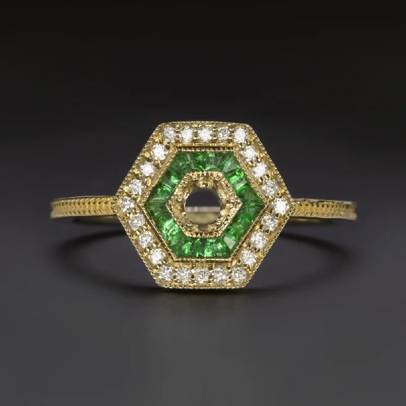 DIAMOND EMERALD VINTAGE STYLE RING SETTING ROUND 4mm GOLD ART DECO SEMI MOUNT