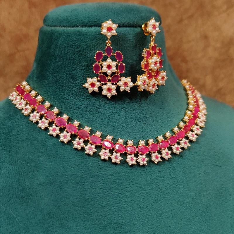 RUBY & PEARL GOLD PLATED NECKLACE SET