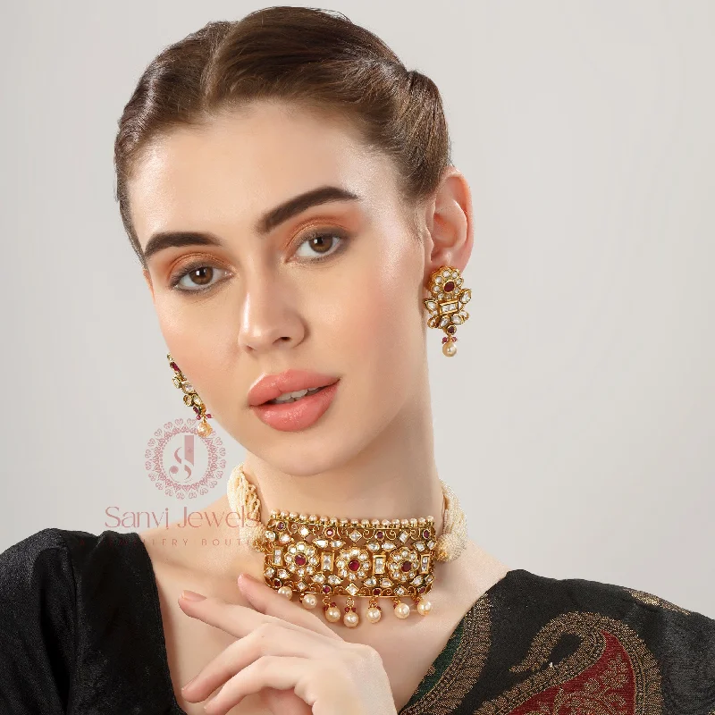 ROYAL RUBY STUDDED KUNDAN POLKI CHOKER NECKLACE SET