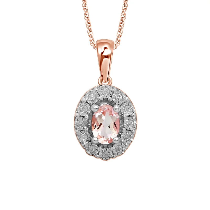 9ct Rose Gold Diamond Set Oval Morganite Necklace