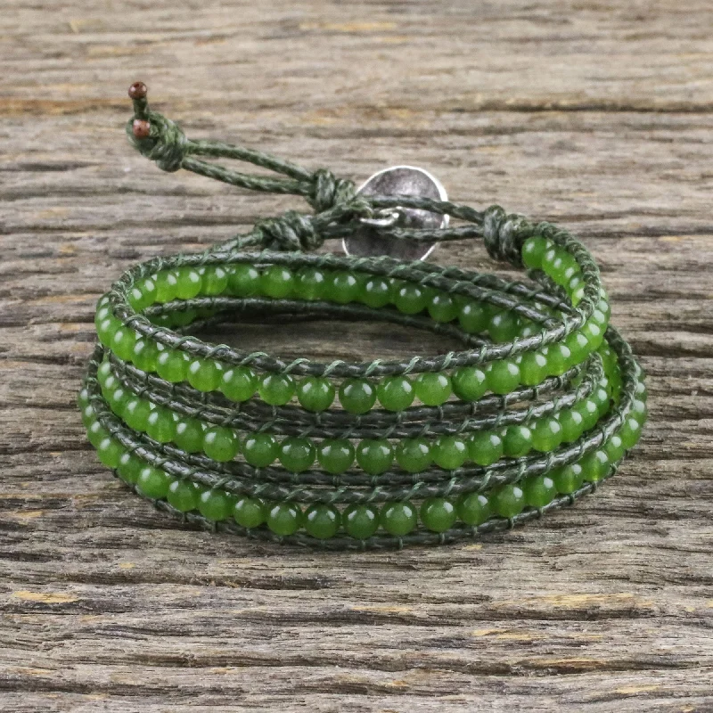 Spring Meadow Green Quartz and Leather Beaded Wrap Bracelet from Thailand