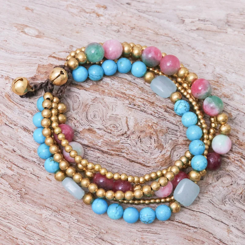 Bohemian Melange Multi-gemstone Beaded Bracelet with Ringing Brass Bells