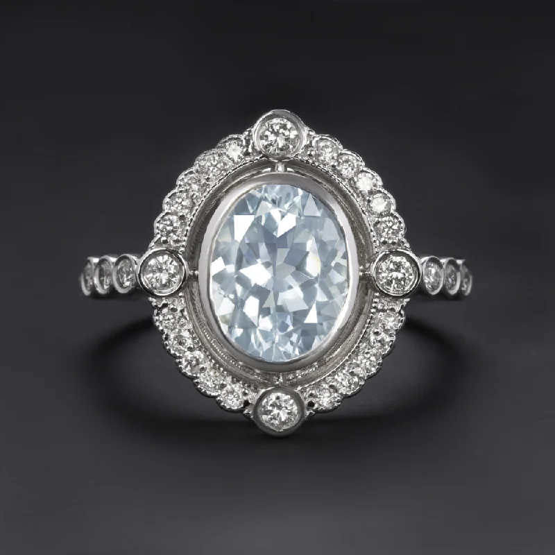 AQUAMARINE DIAMOND HALO COCKTAIL RING VINTAGE STYLE 14k WHITE GOLD OVAL CUT BLUE