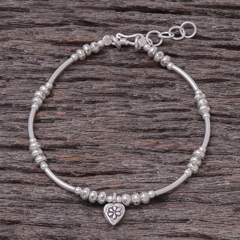 Love Hill Tribe Heart Charm Karen Silver Beaded Bracelet from Thailand