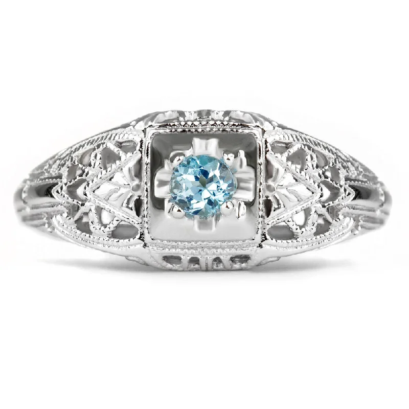 SWISS BLUE TOPAZ STERLING SILVER VINTAGE STYLE COCKTAIL RING FILIGREE PROMISE