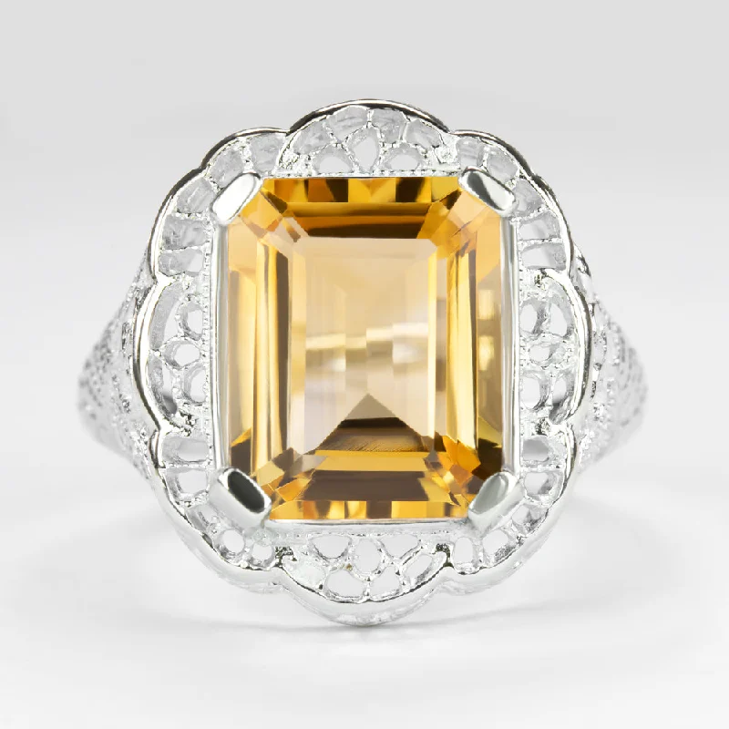 CITRINE STERLING SILVER RING VINTAGE STYLE FILIGREE ART DECO EMERALD CUT YELLOW