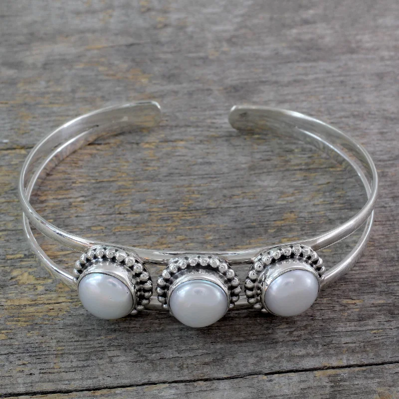 Moonlight Trio Hand Made Indian Sterling Silver Cuff Pearl Bracelet