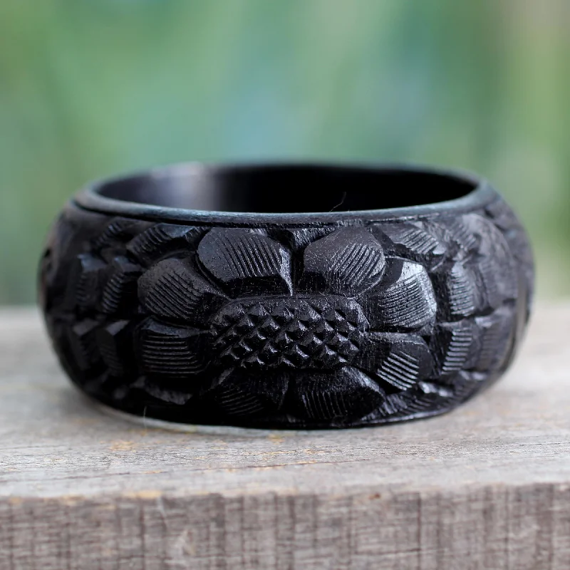 Black Sunflower Handmade Wood Bangle Bracelet