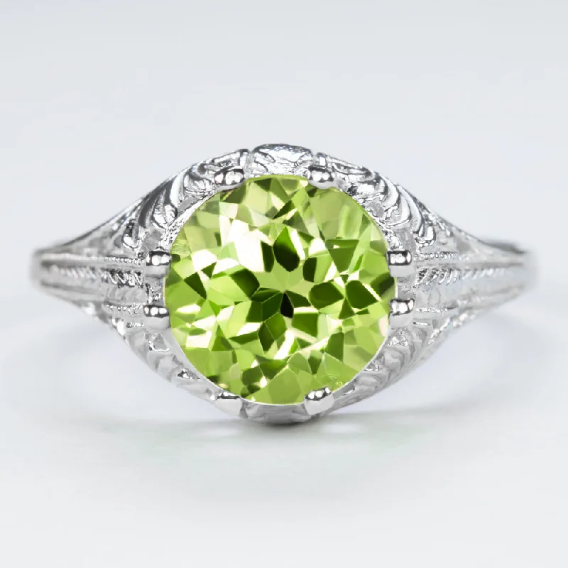 PERIDOT STERLING SILVER RING VINTAGE STYLE SOLITAIRE FILIGREE GREEN ART DECO