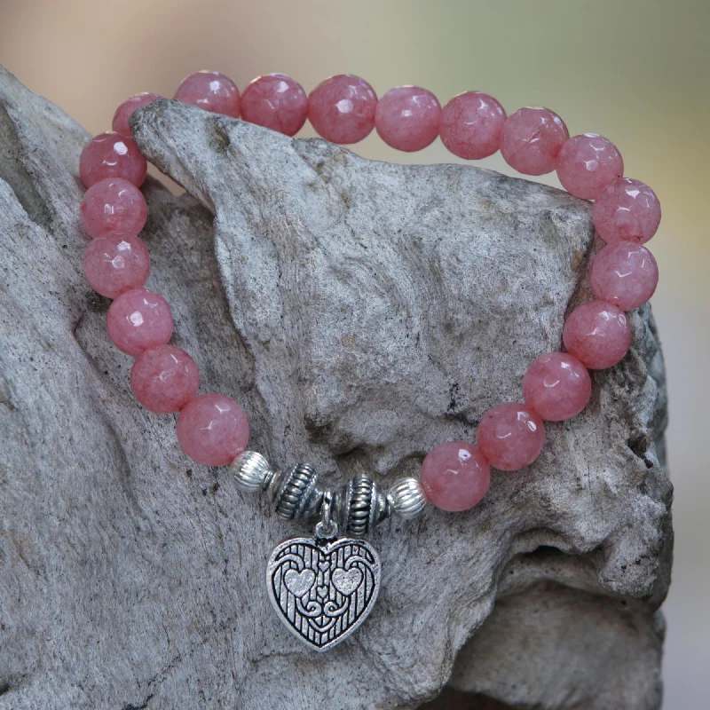 Sentimental Charm Pink Agate and Heart Charm Beaded Bracelet from Bali