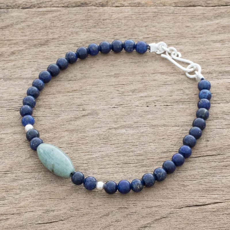 Cool Serenity Jade and Lapis Lazuli Beaded Pendant Bracelet from Guatemala