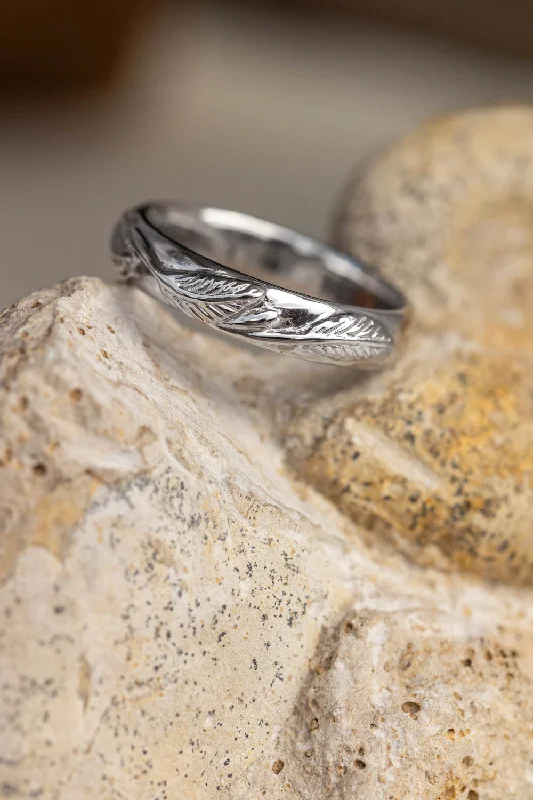 White gold nature inspired wedding band, comfort fit ring for him