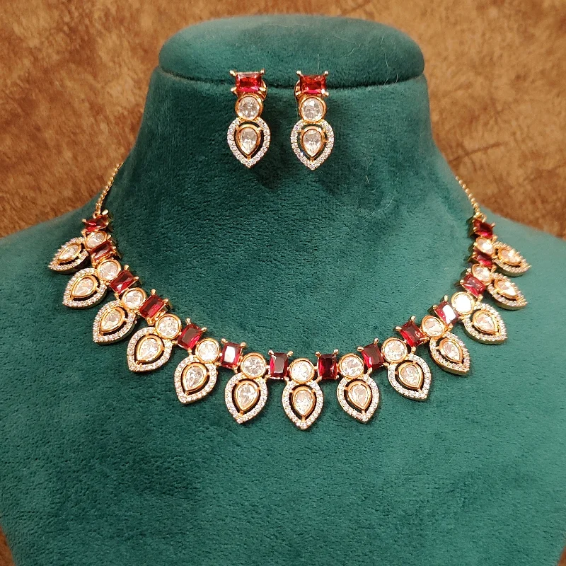 RED KUNDAN POLKI & CZ FUSION NECKLACE SET