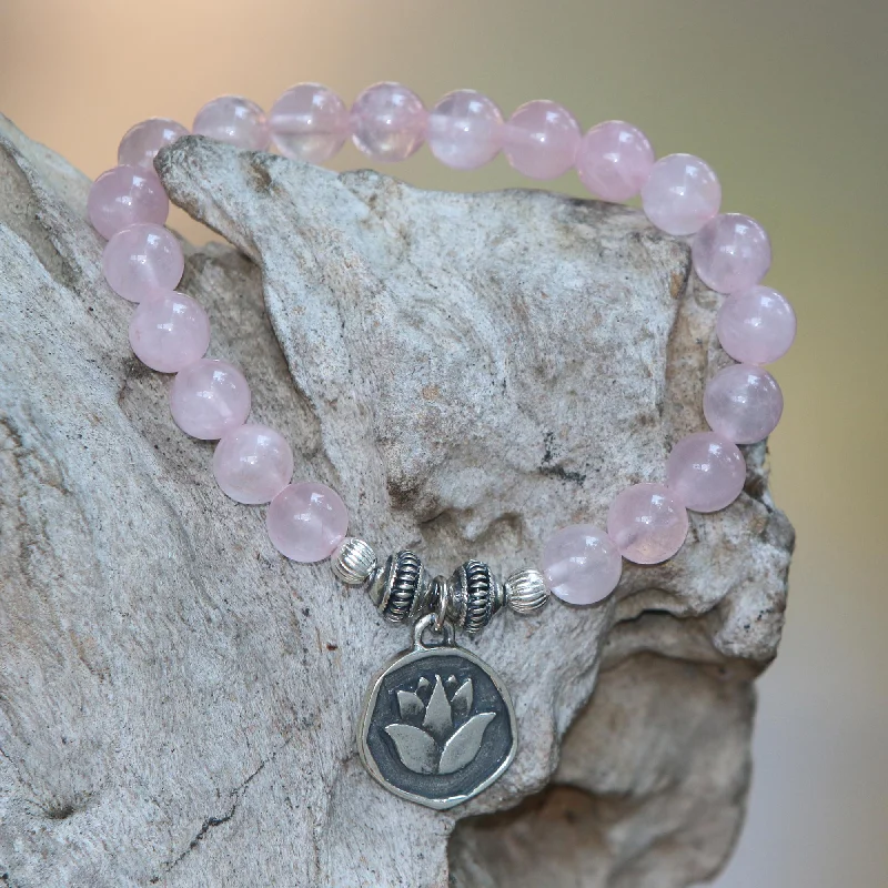 Lotus Burst Rose Quartz and Lotus Charm Beaded Bracelet from BAli