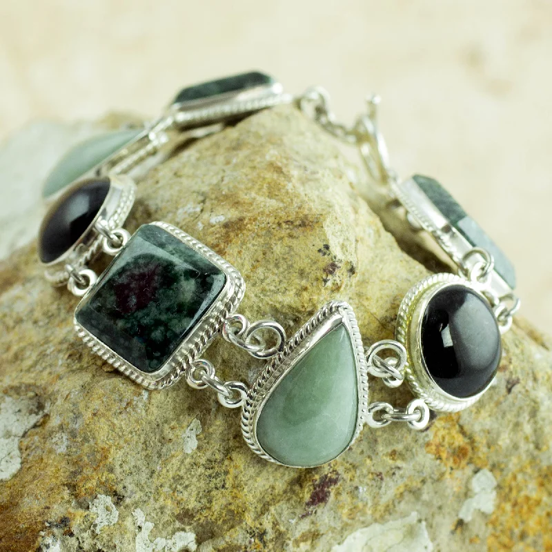 Natural Geometry Green and Black Jade on Sterling Silver Bracelet