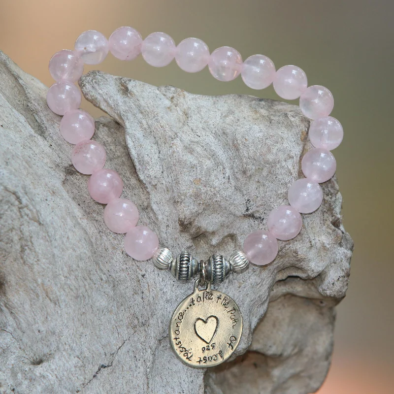 Path to My Heart Rose Quartz Heart Charm Beaded Bracelet from Bali