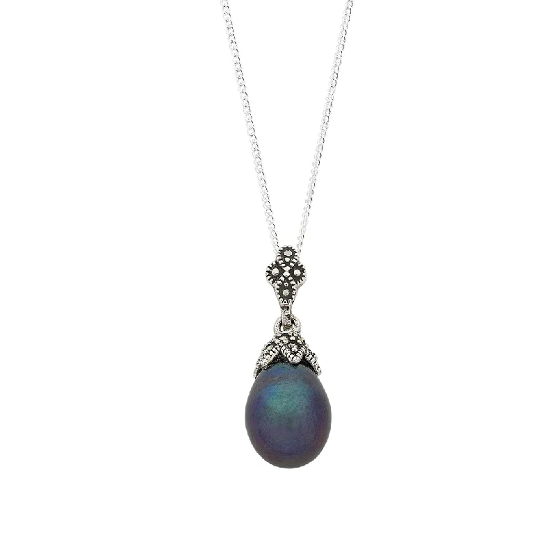 Sterling Silver Gray Freshwater Pearl & Marquisite Drop Necklace