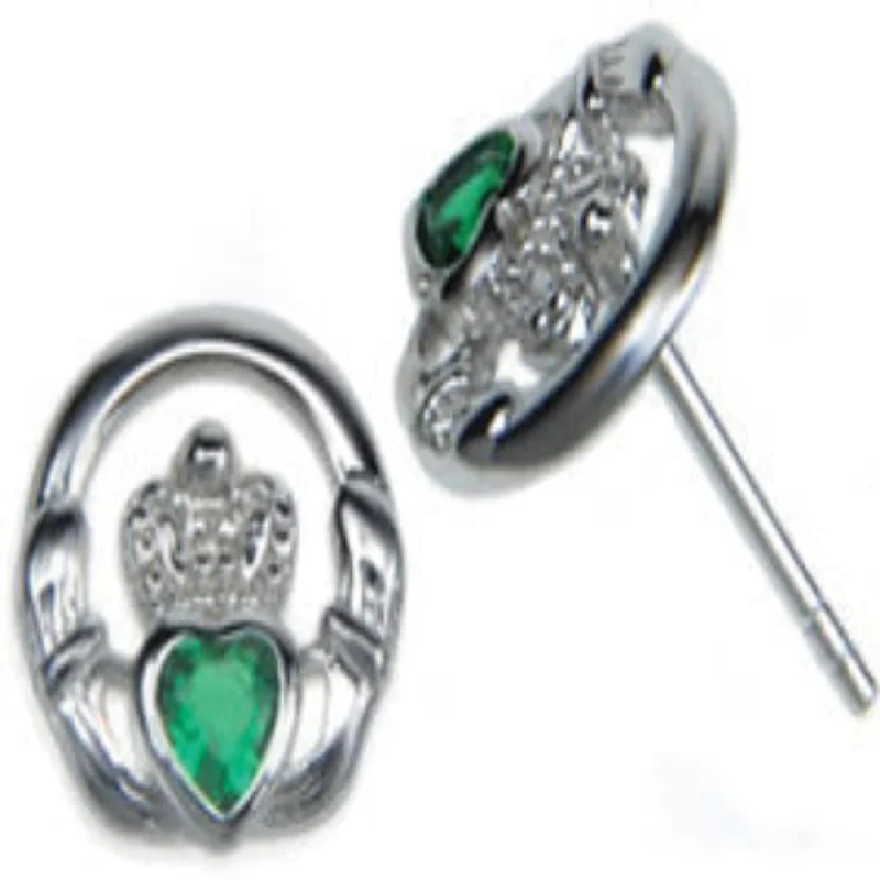 Green Stone Claddagh Earrings - Sterling Silver