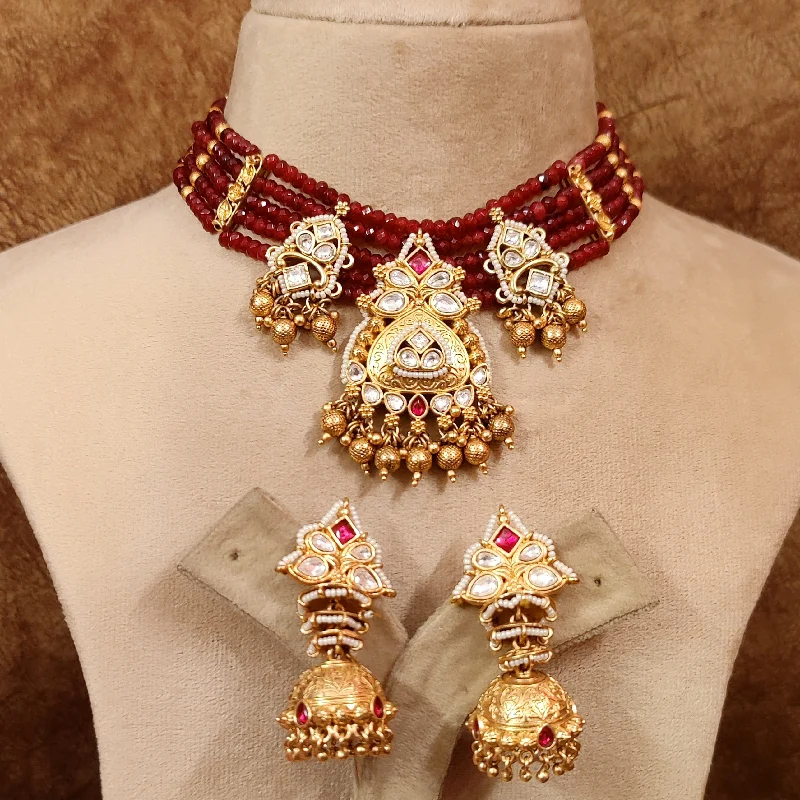 SEMI PRECIOUS RUBY KUNDAN POLKI NECKLACE SET