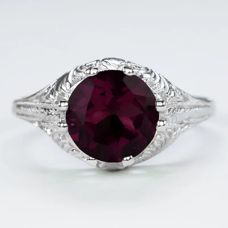 RHODOLITE GARNET STERLING SILVER RING VINTAGE STYLE SOLITAIRE FILIGREE ART DECO