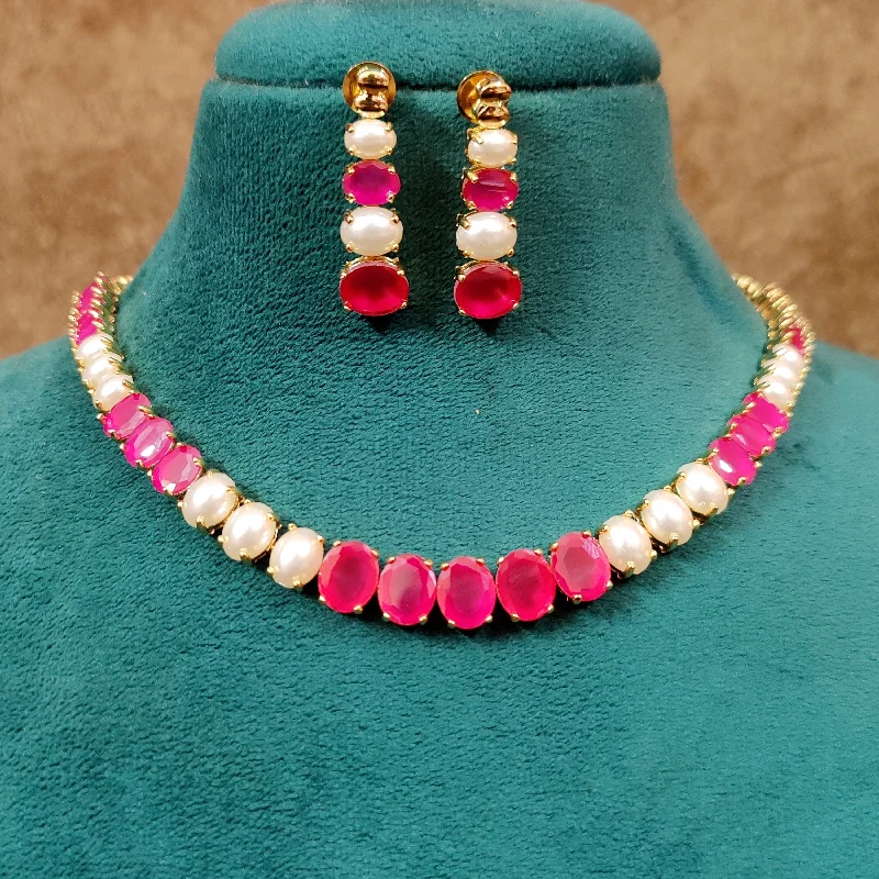 RUBY & PEARL SINGLE LINE GOLD PLATED NECKLACE SET