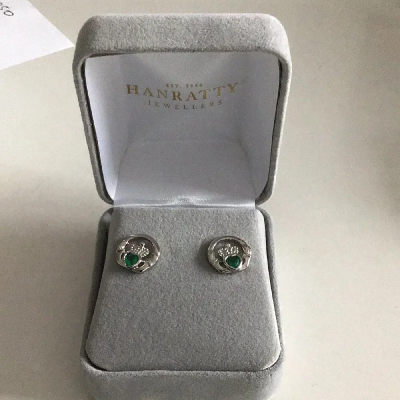 Silver Emerald Green CZ Claddagh Stud Earrings