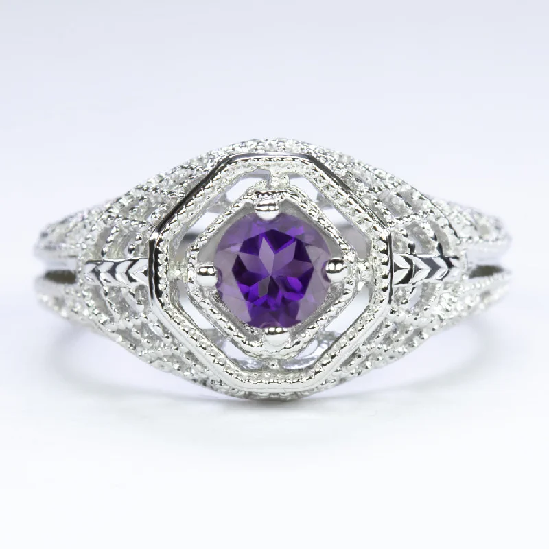 AMETHYST STERLING SILVER RING VINTAGE STYLE SOLITAIRE FILIGREE ROUND ART DECO