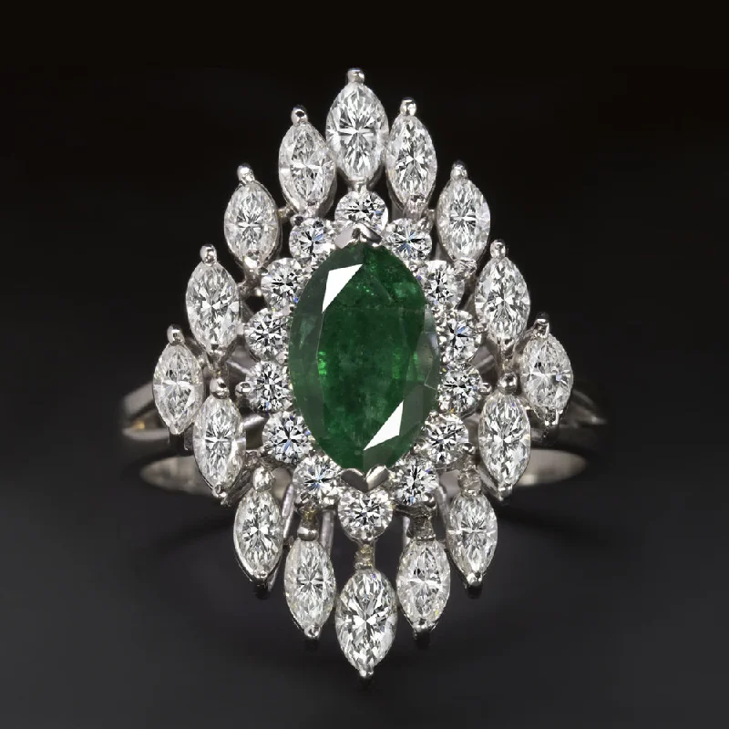 EMERALD DIAMOND PLATINUM COCKTAIL RING 3.60ct MARQUISE SHAPE HALO BIG NATURAL