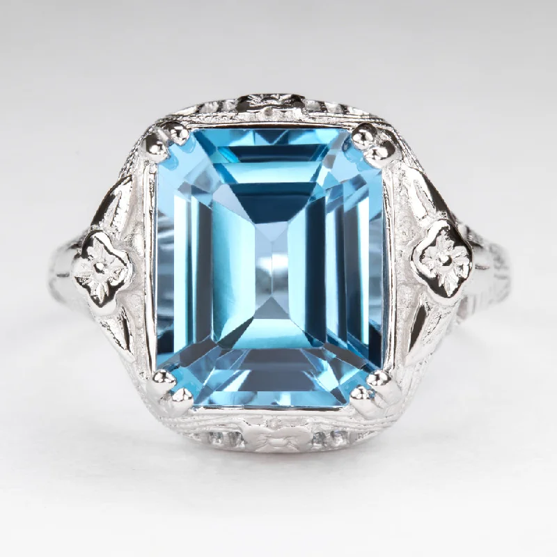 SWISS BLUE TOPAZ STERLING SILVER VINTAGE STYLE RING DECO EMERALD CUT FILIGREE