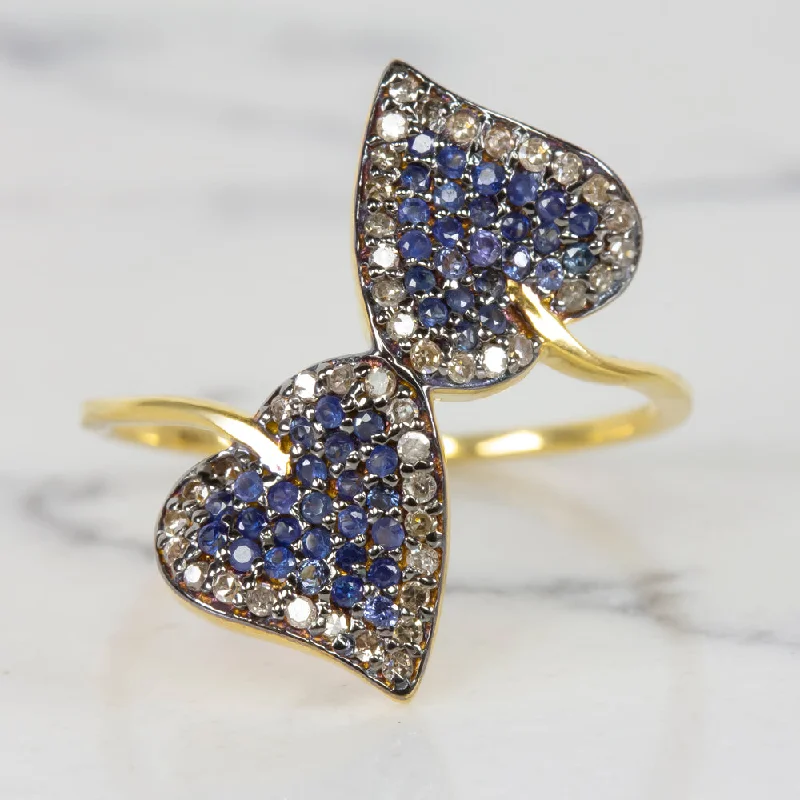 NATURAL SAPPHIRE PAVE DIAMOND COCKTAIL RING LEAF SHAPE BOTANICAL BLUE BOHO STYLE