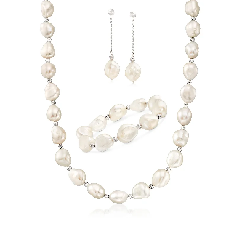 Ross-Simons 11-12mm Cultured Baroque Pearl and Sterling Silver Jewelry Set: Earrings, Bracelet and Necklace